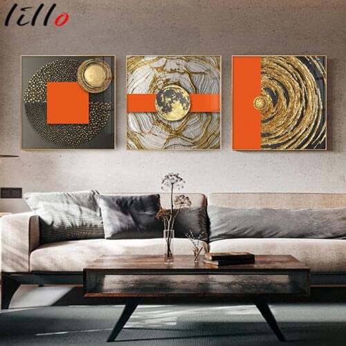Abstract Orange Canvas Print Painting Gold foil geometric color Poster Wall Art Pictures on Canvas Living Room Office Home Decor
