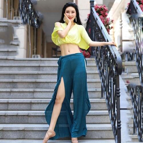 Belly Dance short Sleeve Shirt Exercise Clothes 2019 New Set Of Mesh Silver Silk Split Skirt Female Competition Costumes