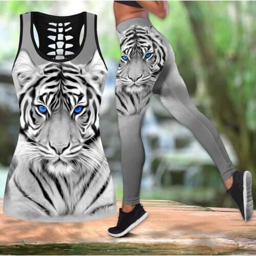 White Tiger 3D All Over Printed Hollow Tank Top & Leggings Set Fitness Female Full Length Leggings Running Pants DDK59