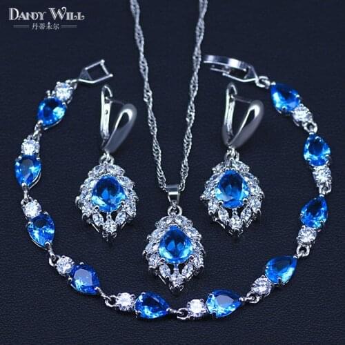 Best Wish Bridal Jewelry For Women Silver Color Sky Blue Crystal Costume Jewelry Sets Bracelets Pendants Drop Earrings