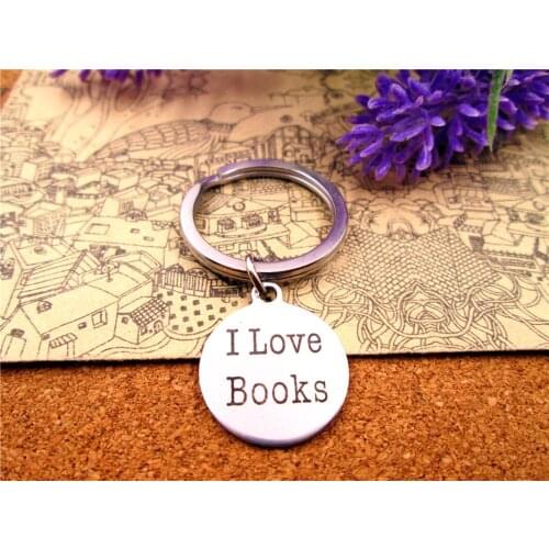 3pcs/lot 28mm stainless steel keyring with 20mm stainless steel circle "I love books" charms keyring