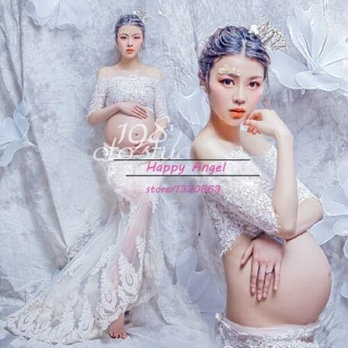 Maternity Long Hem Trailing Lace Dress Romantic Pregnant Photography Props Fancy Photo Shoot Free Shipping Romatic Costume