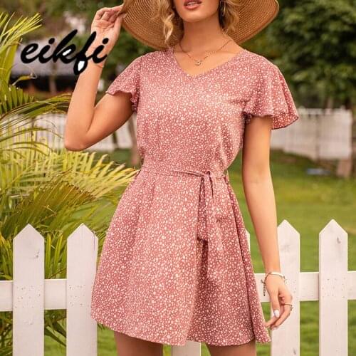 EIKFI Ditsy Floral Print with Belt Women Dress Summer Ladies V Neck Short Sleeve High Waist Pink Bohemian Short A-line Dress New