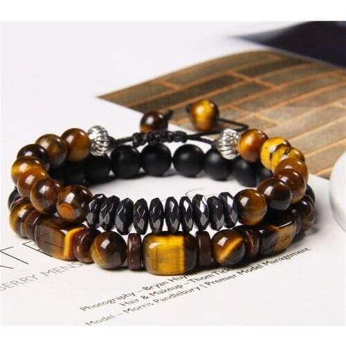 2 Chains Bracelet Set Men Vintage Stretch Bracelets Natural Rectangle Tiger Eye Stone Bead Bangle Handmade Jewelry Women Pulsera