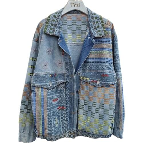 Korean Fashion Embroidery Denim Jacket Coat Women Pocket Long Sleeve Outerwear Autumn New Loose Casual Short Jeans Jacket Female