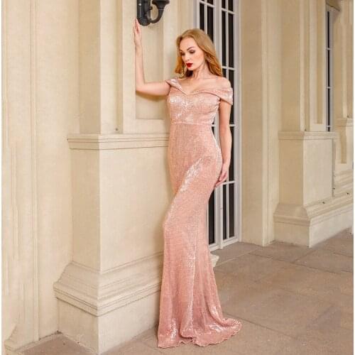 Off shoulder gold sequined long evening mermaid dress gown stretchy floor length backless stretchy bodycon maxi dress