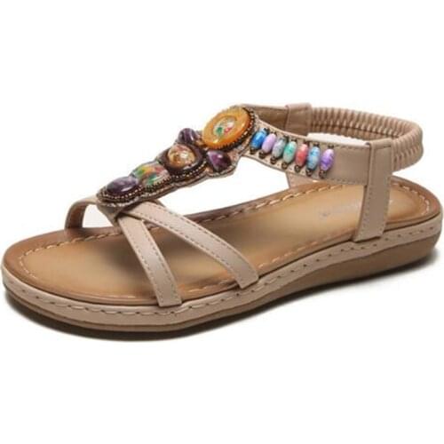 Summer woman sandals PU Elastic band Flat Toe Round Toe Bohemia Toe Beaded Comfy Soft Retro Wedge Non-slip comfortable beach