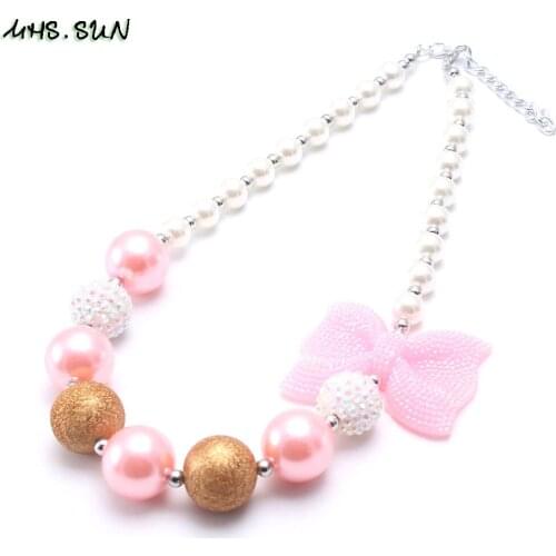 MHS.SUN Baby Girls Big Pink Bow Chunky Beads Necklace For Kids Child Chunky Beads Choker Necklace Trendy Jewelry Hotter Sale