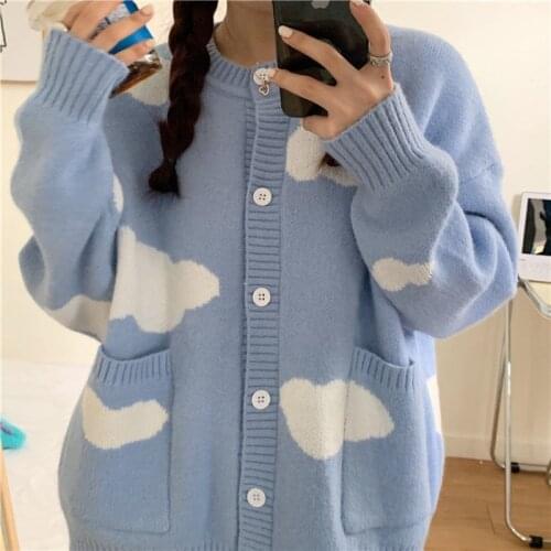 Blue sky and white cloud printed knitted cardigan women streetwear loose casual autumn winter o neck long sleeve female sweaters
