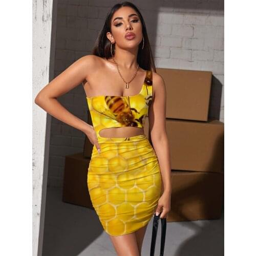 Giyu Brand Bee Dresses Women Animal Halter Sleeveless Lovely Bodycon Dress Harajuku Vestido Sexy Womens Clothing Summer Beach