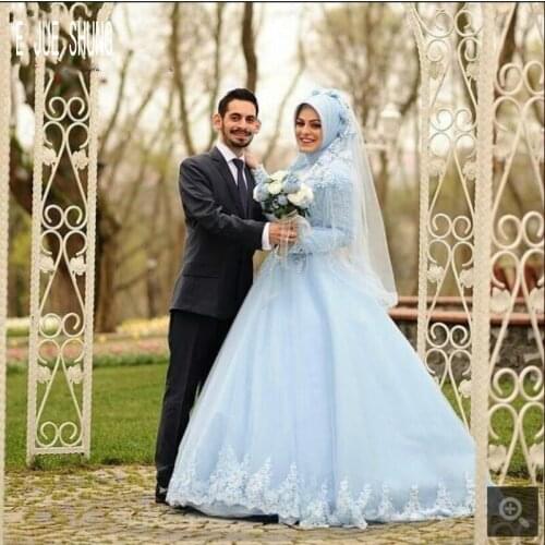 E JUE SHUNG Blue Muslim Wedding Dresses Long Sleeve High Neck Lace Applique Bridal Gowns Saudi Arabia Vestido De Noiva marriage