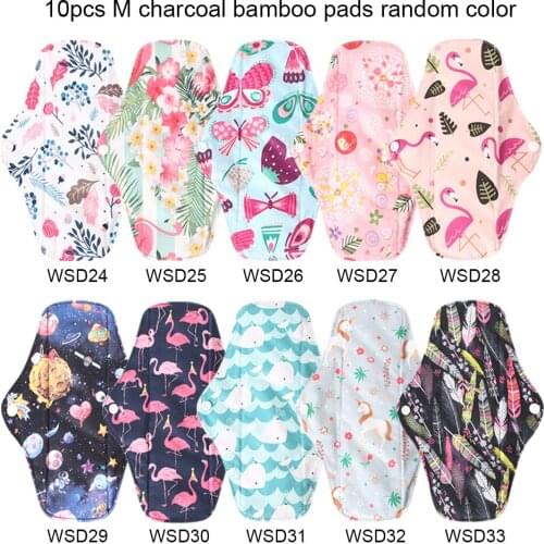 Ohbabyka 10pcs Bamboo Charcoal Washable Hygiene Menstrual Pads Heavy Flow Sanitary Pads Lady Cloth Pad Reusable Pad Random Color