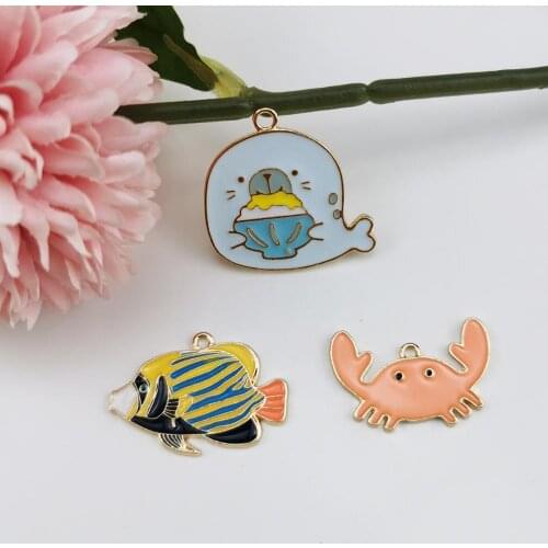 10pcs Ocean Animals Enamel Metal Charms Crab Sea Lion Butterfly Fish Charm Pendants Fit DIY Earring Bracelet Dangle Jewelry Make