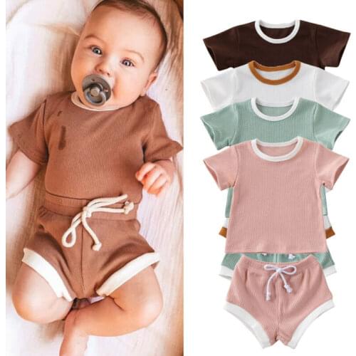 2020 Baby Summer Clothing Infant Baby Girl Boy Clothes Short Sleeve Tops T-shirt+Shorts Pants Ribbed Solid Outfits 0-3T