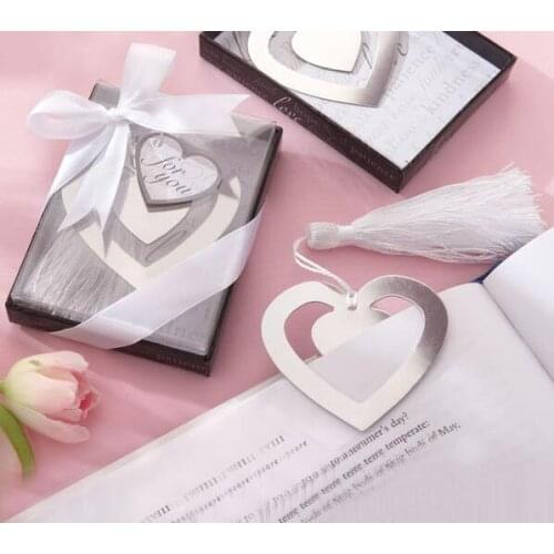 Free Shipping 10pcs/lot Double "LOVE HEART" Metal Bookmark With Tassels Ribbon Gift Box For Party Gift Or Souvenirs