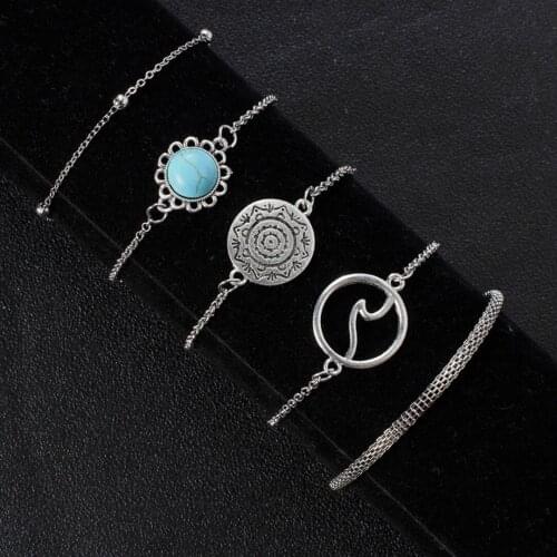 Retro Natural Stone Bracelets Hollow Wave Beads Bracelets Set Round Geometric Carve Bracelet Women Fashion Statement Jewelry