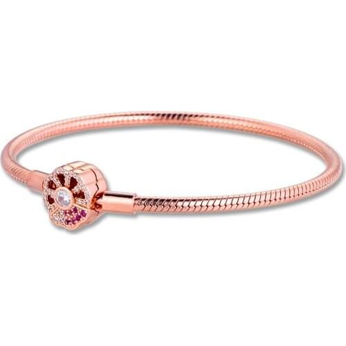 CKK 925 Sterling Silver Rose Gold Moments Pink Fan Clasp Snake Chain Bracelets for Women Charm Bracelet DIY Jewelry pulseras