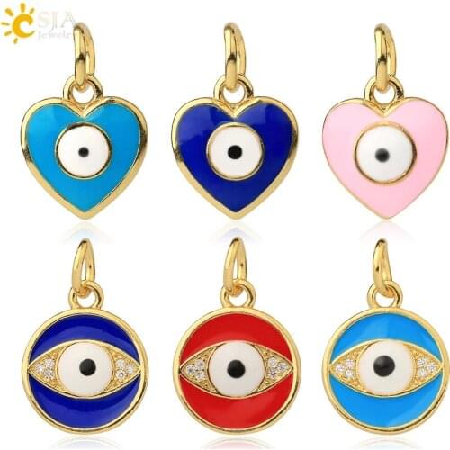 CSJA Enamelled DIY Evil Eye Charms Pendant Fish Round Heart Charms for Bracelet Bangle Earrings Jewelry Making Gold Color S708