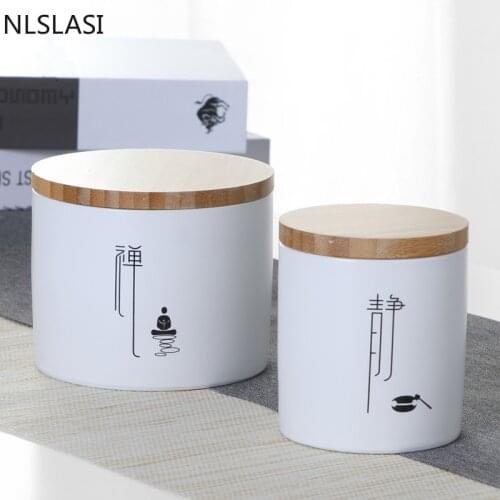 Classic Ceramic Tea Caddy Bamboo Lid Spice Container Coffee Canister Nut Cereals Storage Jar Kitchen Moisture-proof Organizer
