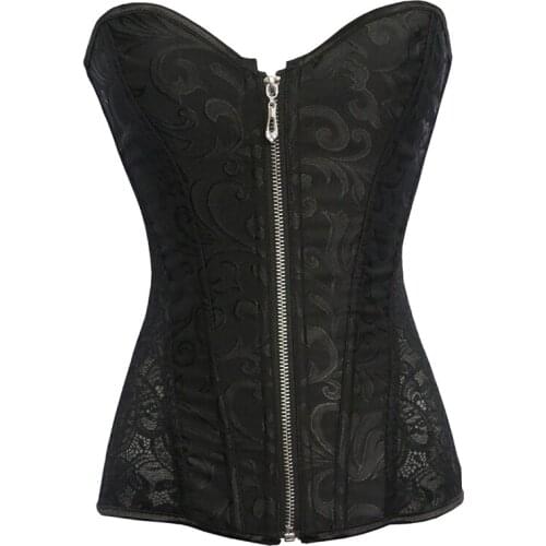Front Zipper Floral Corset Overbust Black White Cream Waist trainer Sexy Women Steel Boned Corselet Blusa Summer Body Shaper