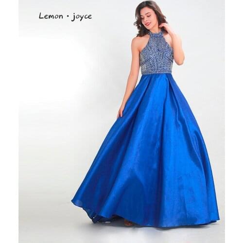 Lemon joyce Elegant Prom Dresses Long 2020 O-neck Sleeveless Beading A-line Party Evening Dress for Women Plus Size