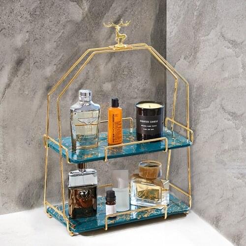 Gold metal shelf marble storage tray with deer head decoration perfume dressing table bathroom double cosmetic storage box