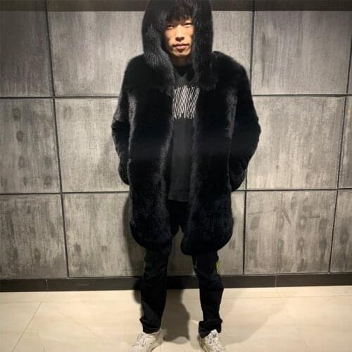 Mens natural fox fur coat hooded full pelt real fur winter coat long hooded