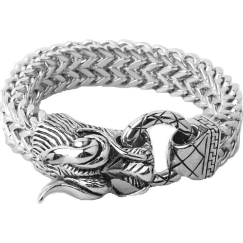 Fashion Mens Boys Casting Cuff Bangle Bracelets Jewelry Stainless Steel Silver Color 3D Dragon Head Figaro Chain Punk Style