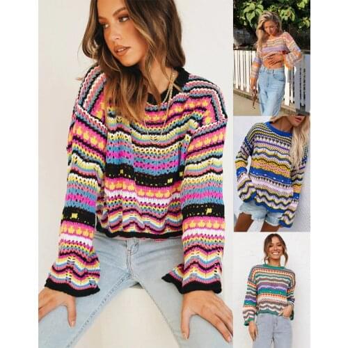 2021 autumn and winter new European and American stitching sweater loose color rainbow round neck striped sweater women