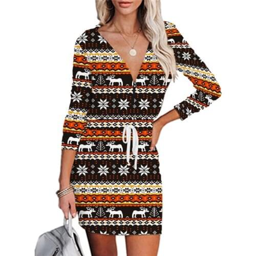 Snowflake Elk Print Hooded Long Sleeve Autumn Dress Women Christmas Casual V Neck Zipper Lace Up Wrap Hip Slim Female Mini Dress