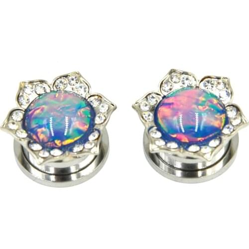 PAIR CZ Crystal Large Bling Opal Stone Gemmed Flower Design Screw Fit Flesh Tunnel Plug Jewelry Body Piercing