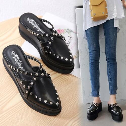 Shoes Woman Wedges Slippers Platform Heels Mules Pointed Toe Shoes Casual Rivet Cross Strap Slides Loafers Sandalias Mujer Black