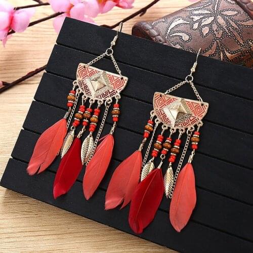 Vintage Womens Boho Feather Earrings Tibetan Jewelry Brincos Bijoux 2021 Bohemia Chain&Leaf Beaded Tassel Drop Earrings