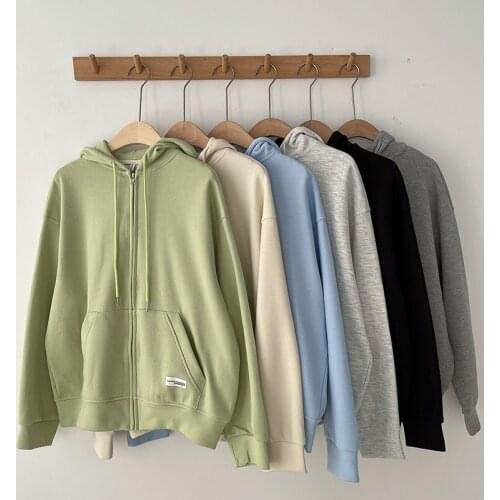 Zip-Up Women Korean Style Hoodies Vintage Solid Color Long Sleeve Oversized Sweatshirt Lady Women Casual Large Coats