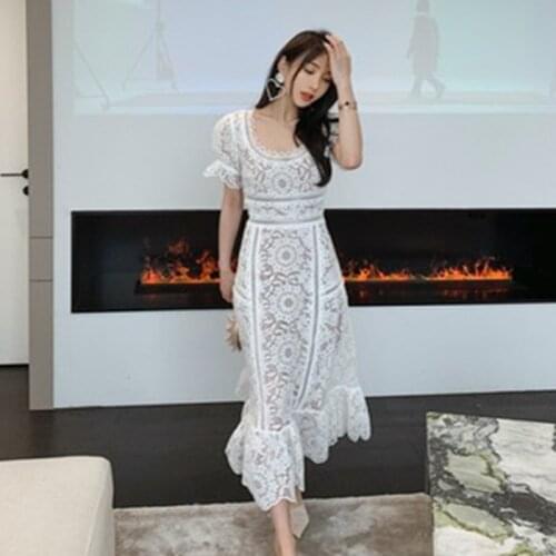 2021 Fashion Designer Dresses Women Runway New Green White Lace Ruffles Patchwork Elegant Party Dress