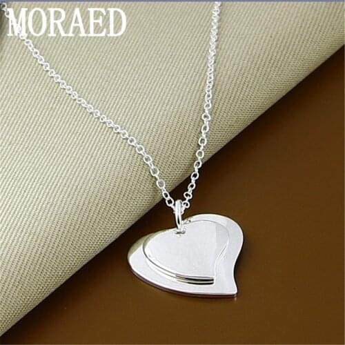 New 925 Sterling Silver Double Heart Small Pendant Necklace Womens Fashion Wedding Jewelry Gift