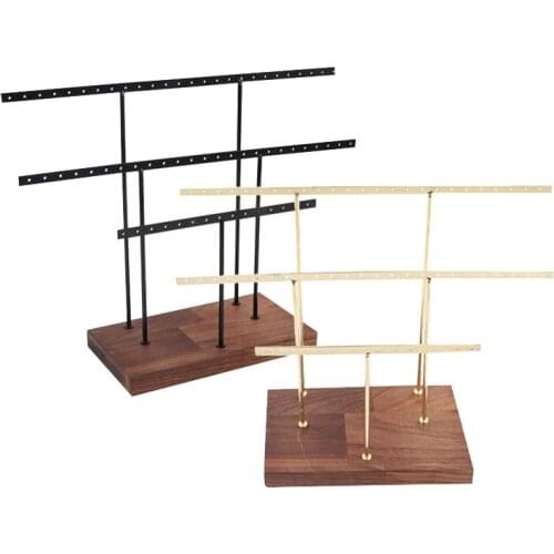 2Pcs Log Earrings Ring Necklace Bracelet Display Storage Rack Hanging Jewelry Organizer Holder Walnut Black+Gold