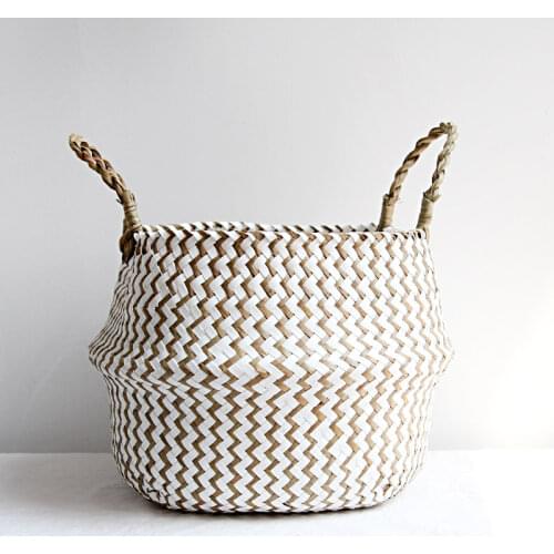 Boho Decor Striped Wicker Storage Baskets Handmade Collapsible Laundry Basket Straw Patchwork Rieten Mand Seaweed Flower