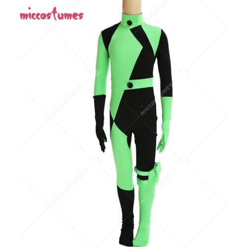 Kids Girls Kim Possible Shego Super Villain Cosplay Costume Child Bodysuit Jumpsuit with Gloves