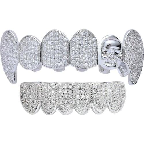 Hip Hop Skull Teeth Grillz Bling Bling Iced Out Top & Bottom Dental Tooth Caps Set For Men Women
