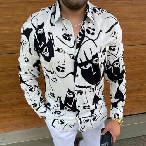 Fashion Turn-Down Long Sleeve Human Print Tops Cardigan Male Autumn Casual Shirt Streetwear 2021 New Style Slim Button Men Shirt