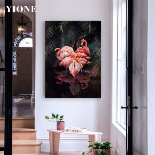 Modern Tropical Animal Art Canvas Painting Black Pink Flamingo Heart Wall Picture for Living Room Aisle Home Decor Prints Poster