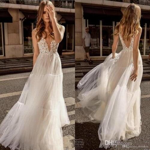 Berta Wedding Dresses Sexy Deep V-Neck Lace Appliqued Beach Boho Wedding Gowns Princess Sweep Train A-Line Bridal Dress