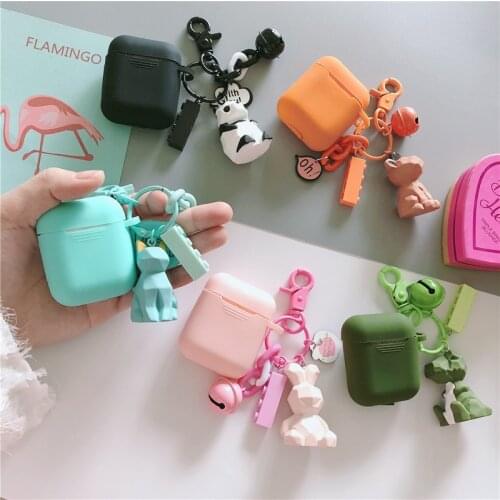 Paper-cut Rhombus Cute Silicone dinosaur Panda Rabbit Keychain Pendant Headphone Cases For Apple Airpods 1 2 Earphone Cover Capa
