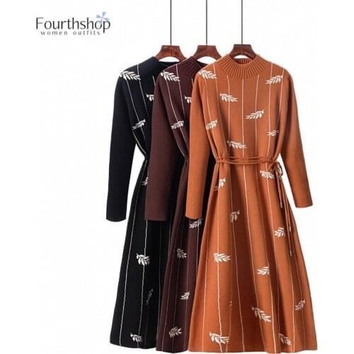 Fashion 2021 Winter Knitted Sweater Dress Casual Women Warm Floral Sashes Long Sleeved Mid-calf Dresses Female Womens Clothes