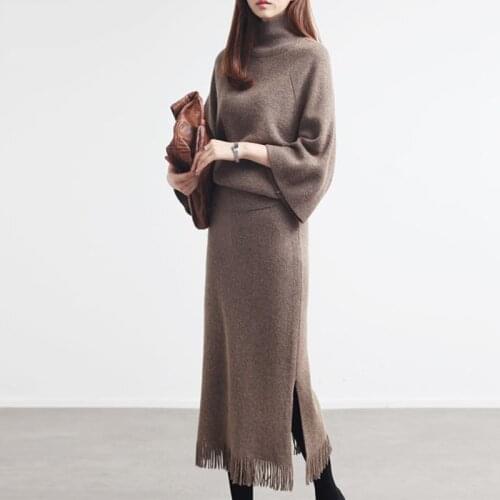 New arrival fashion comfortable knit bouncy women Set loose wild t-shirt and long slim pencil dress office two pieces women sets