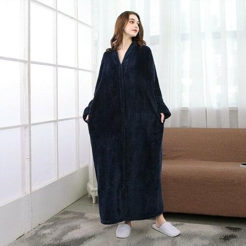 New Ladies zip Flannel Dressing Gown Soft Long Men Fleece Bath Robe House Coat