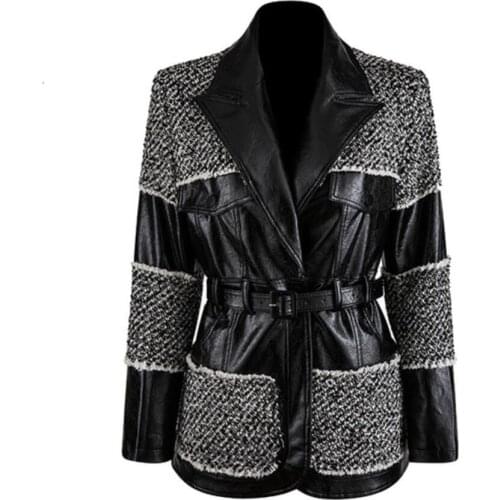 Autumn winter fashion woolen patchwork blazer women pu leather stitching belted thick suit jacket