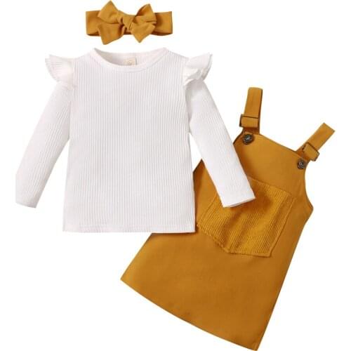 3Pcs Kids Tollder Girls Autumn Tracksuit Solid Color Ribbed Long Sleeves Tops + Overalls Dress + Hair Band for Girls 1-5 Years