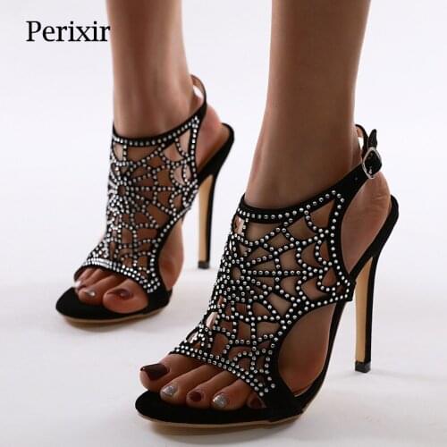 Perixir Womens Open Toe Casual Ankle Strap Sandals Air Mesh Hollow Out crystal High Heel Fish mouth Sexy Large size Lady shoes